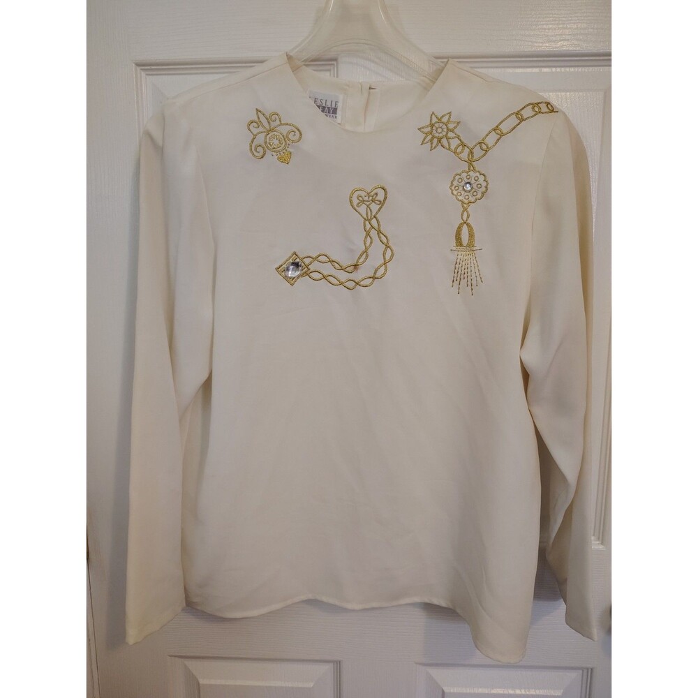 Vintage Leslie Fay Women’s Ivory Solid Round  Long Sleeve Embroidered Blouse 14